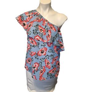 C&E one-shoulder top Women's medium floral ruffled blouse romantic cute